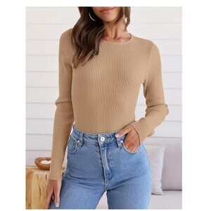 Long Sleeve Ribbed Top Tan S